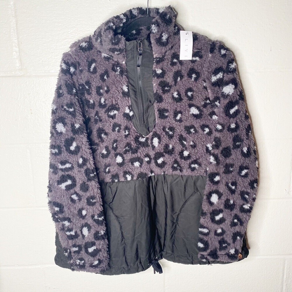 Livi Women Pullover Sweatshirt 1/4 Zip Faux Fur Jacket Sz L Cheetah Animal Blac